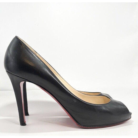 Christian Louboutin Black Leather Peep Toe Heels Lady Claude 100mm Sz EU 39 9 - Picture 1 of 16